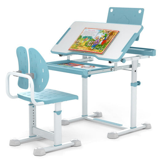 Kid's Study Desk and Chair Set with Tilt Desktop and Book Stand-Blue LuxuryLifeWay Online Store