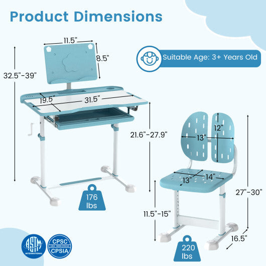 Kid's Study Desk and Chair Set with Tilt Desktop and Book Stand-Blue LuxuryLifeWay Online Store