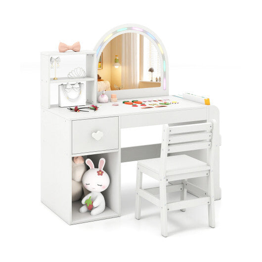 Kids Vanity Table and Chair Set with Lighted Mirror for Kids Aged 3+ Years Old-White LuxuryLifeWay Online Store