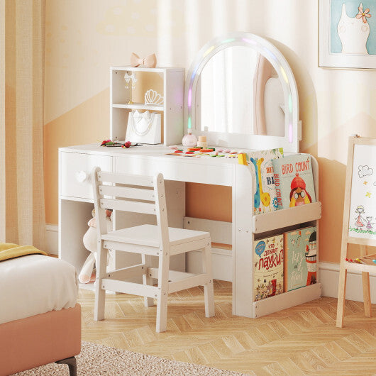 Kids Vanity Table and Chair Set with Lighted Mirror for Kids Aged 3+ Years Old-White LuxuryLifeWay Online Store