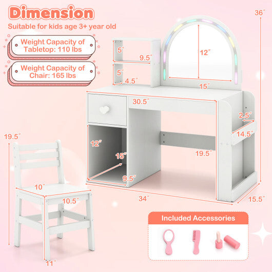 Kids Vanity Table and Chair Set with Lighted Mirror for Kids Aged 3+ Years Old-White LuxuryLifeWay Online Store