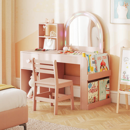 Kids Vanity Table and Chair Set with Lighted Mirror for Kids Aged 3+ Years Old-White LuxuryLifeWay Online Store