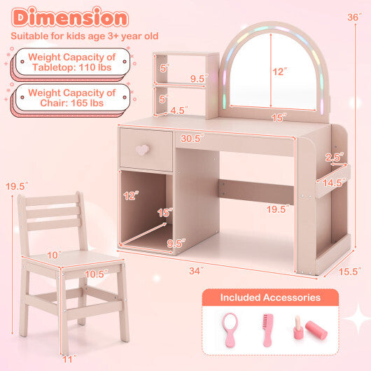 Kids Vanity Table and Chair Set with Lighted Mirror for Kids Aged 3+ Years Old-White LuxuryLifeWay Online Store