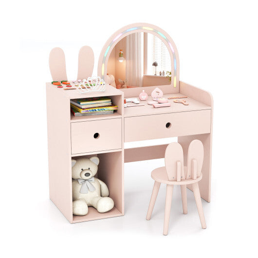 Kids Vanity Desk and Chair Set with Lights  Open Shelves-White LuxuryLifeWay Online Store