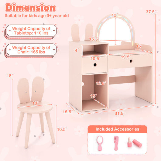 Kids Vanity Desk and Chair Set with Lights  Open Shelves-White LuxuryLifeWay Online Store