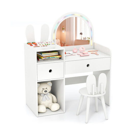 Kids Vanity Desk and Chair Set with Lights  Open Shelves-White LuxuryLifeWay Online Store