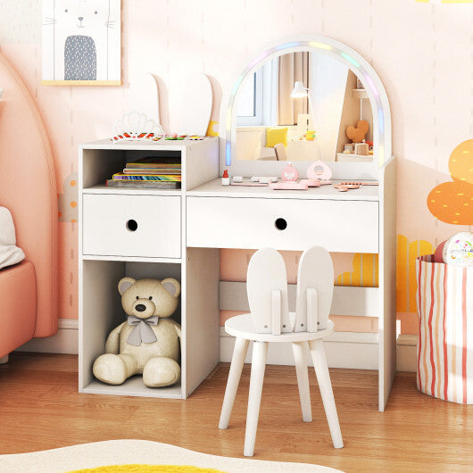 Kids Vanity Desk and Chair Set with Lights  Open Shelves-White LuxuryLifeWay Online Store