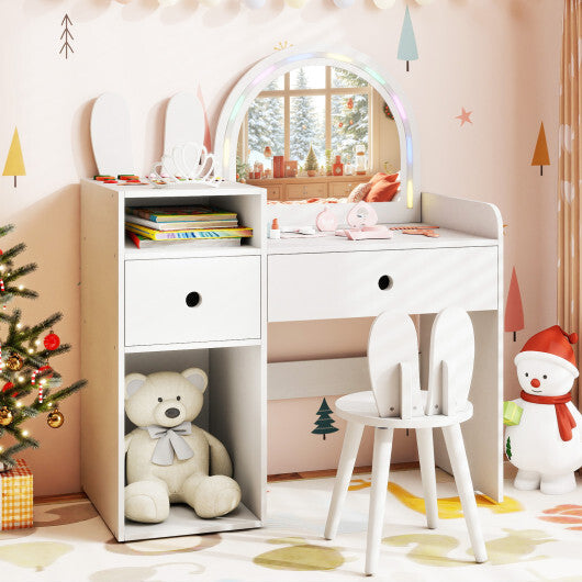 Kids Vanity Desk and Chair Set with Lights  Open Shelves-White LuxuryLifeWay Online Store