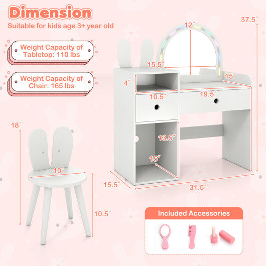 Kids Vanity Desk and Chair Set with Lights  Open Shelves-White LuxuryLifeWay Online Store