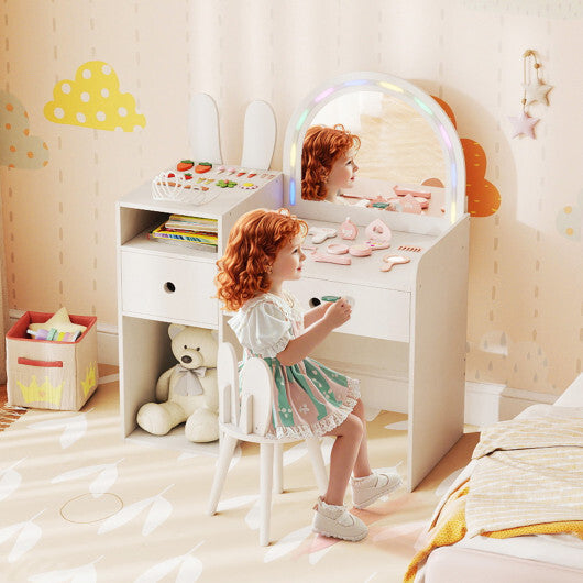 Kids Vanity Desk and Chair Set with Lights  Open Shelves-White LuxuryLifeWay Online Store