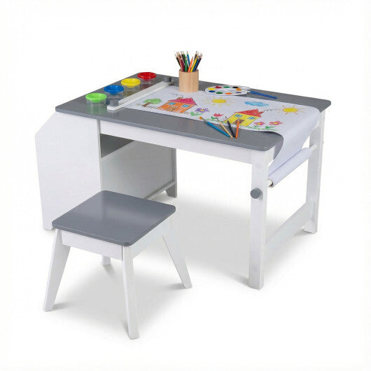 Kids Art Table and Stool Set Toddler Activity Desk with Paper Roll and 4 Paint Cups for Drawing Learning-Gray LuxuryLifeWay Online Store