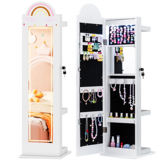 3 In 1 Kids Jewelry Cabinet Freestanding Jewelry Armoire with 3-Color Lighted Mirror-White LuxuryLifeWay Online Store