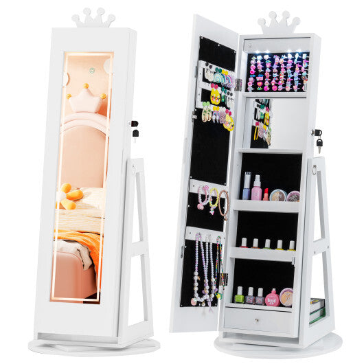 3 In 1 Kids Jewelry Cabinet with 3-Color Lighted Full Length Mirror and Internal Mirror-White LuxuryLifeWay Online Store