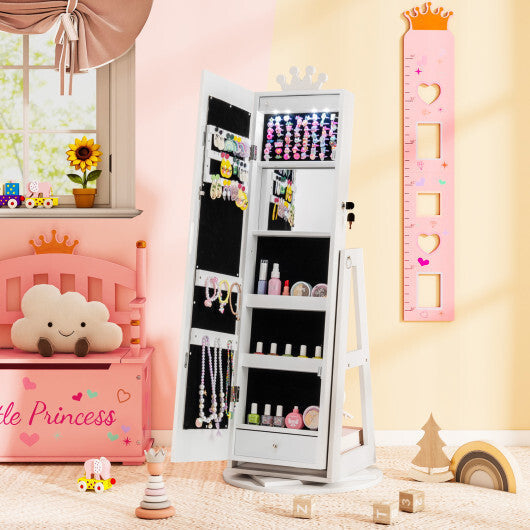 3 In 1 Kids Jewelry Cabinet with 3-Color Lighted Full Length Mirror and Internal Mirror-White LuxuryLifeWay Online Store