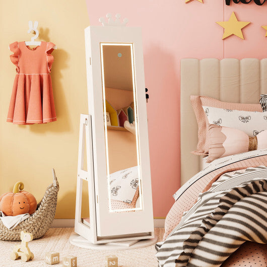 3 In 1 Kids Jewelry Cabinet with 3-Color Lighted Full Length Mirror and Internal Mirror-White LuxuryLifeWay Online Store