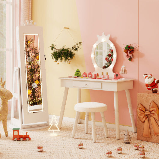 3 In 1 Kids Jewelry Cabinet with 3-Color Lighted Full Length Mirror and Internal Mirror-White LuxuryLifeWay Online Store