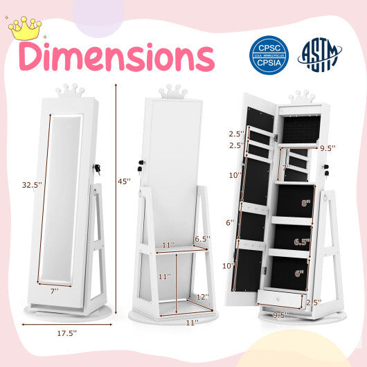 3 In 1 Kids Jewelry Cabinet with 3-Color Lighted Full Length Mirror and Internal Mirror-White LuxuryLifeWay Online Store