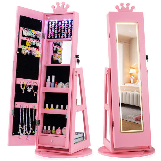 3 In 1 Kids Jewelry Cabinet with 3-Color Lighted Full Length Mirror and Internal Mirror-White LuxuryLifeWay Online Store