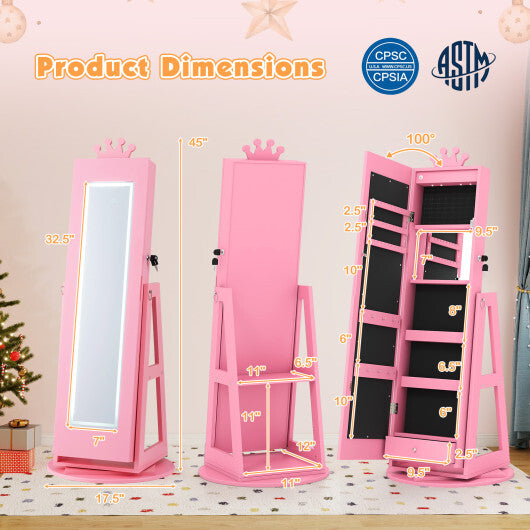 3 In 1 Kids Jewelry Cabinet with 3-Color Lighted Full Length Mirror and Internal Mirror-White LuxuryLifeWay Online Store