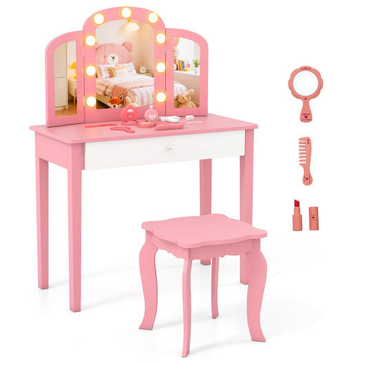 2-in-1 Kids Vanity Table Set with Tri-Folding Detachable Mirror and Lights-Pink LuxuryLifeWay Online Store