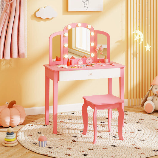 2-in-1 Kids Vanity Table Set with Tri-Folding Detachable Mirror and Lights-Pink LuxuryLifeWay Online Store