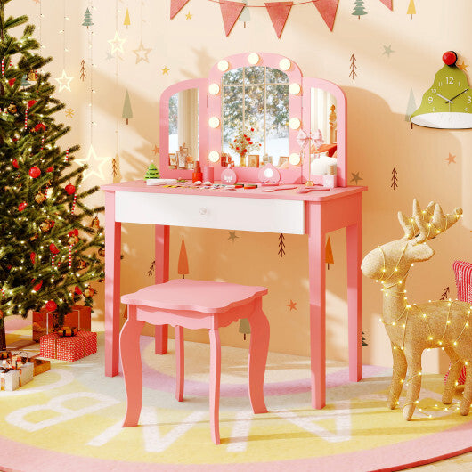 2-in-1 Kids Vanity Table Set with Tri-Folding Detachable Mirror and Lights-Pink LuxuryLifeWay Online Store