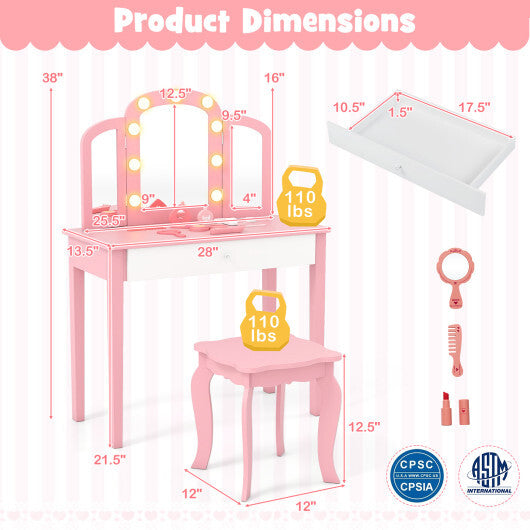 2-in-1 Kids Vanity Table Set with Tri-Folding Detachable Mirror and Lights-Pink LuxuryLifeWay Online Store