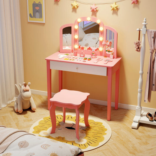 2-in-1 Kids Vanity Table Set with Tri-Folding Detachable Mirror and Lights-Pink LuxuryLifeWay Online Store