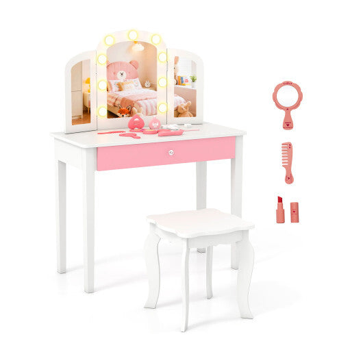 2-in-1 Kids Vanity Table Set with Tri-Folding Detachable Mirror and Lights-Pink LuxuryLifeWay Online Store