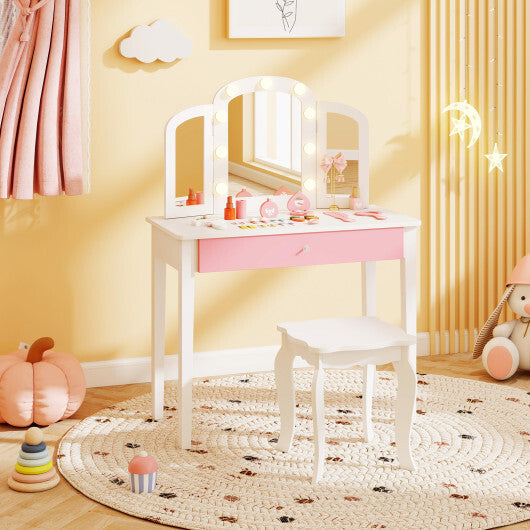 2-in-1 Kids Vanity Table Set with Tri-Folding Detachable Mirror and Lights-Pink LuxuryLifeWay Online Store