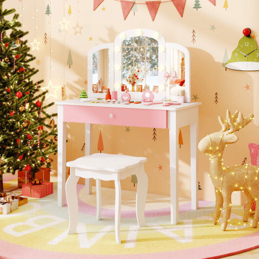 2-in-1 Kids Vanity Table Set with Tri-Folding Detachable Mirror and Lights-Pink LuxuryLifeWay Online Store