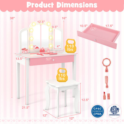 2-in-1 Kids Vanity Table Set with Tri-Folding Detachable Mirror and Lights-Pink LuxuryLifeWay Online Store