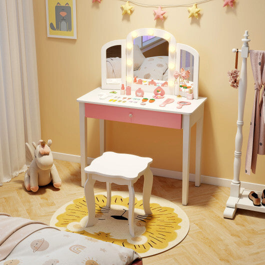 2-in-1 Kids Vanity Table Set with Tri-Folding Detachable Mirror and Lights-Pink LuxuryLifeWay Online Store