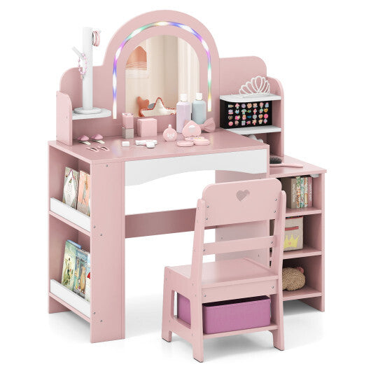Kids Vanity Set with Colorful LED Lights Princess Makeup Dressing Table with Chair-White LuxuryLifeWay Online Store