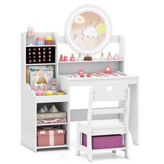 Kids Vanity Desk with Mirror and Lights Princess Pretend Play Dressing Table and Chair Set-White LuxuryLifeWay Online Store