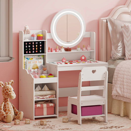 Kids Vanity Desk with Mirror and Lights Princess Pretend Play Dressing Table and Chair Set-White LuxuryLifeWay Online Store