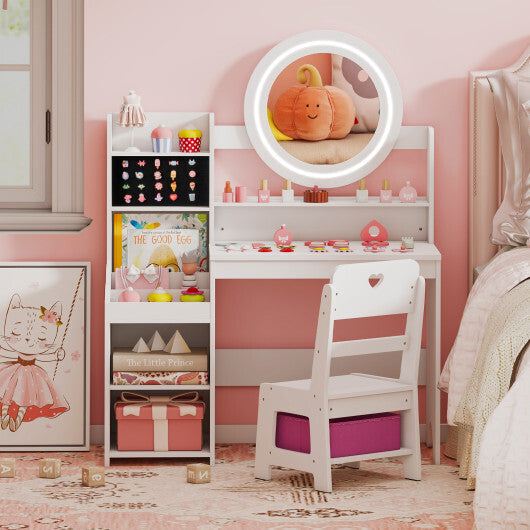 Kids Vanity Desk with Mirror and Lights Princess Pretend Play Dressing Table and Chair Set-White LuxuryLifeWay Online Store