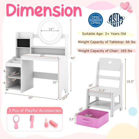 Kids Vanity Desk with Mirror and Lights Princess Pretend Play Dressing Table and Chair Set-White LuxuryLifeWay Online Store