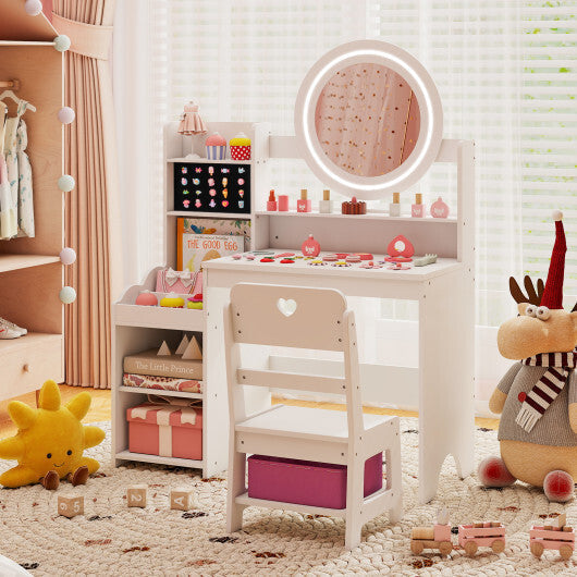 Kids Vanity Desk with Mirror and Lights Princess Pretend Play Dressing Table and Chair Set-White LuxuryLifeWay Online Store