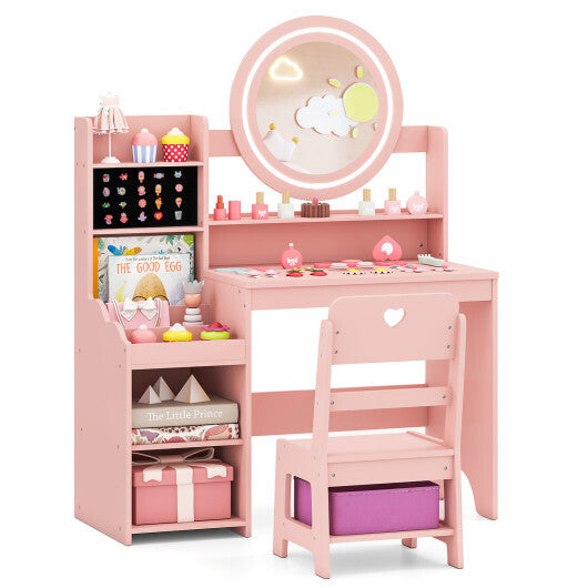 Kids Vanity Desk with Mirror and Lights Princess Pretend Play Dressing Table and Chair Set-White LuxuryLifeWay Online Store