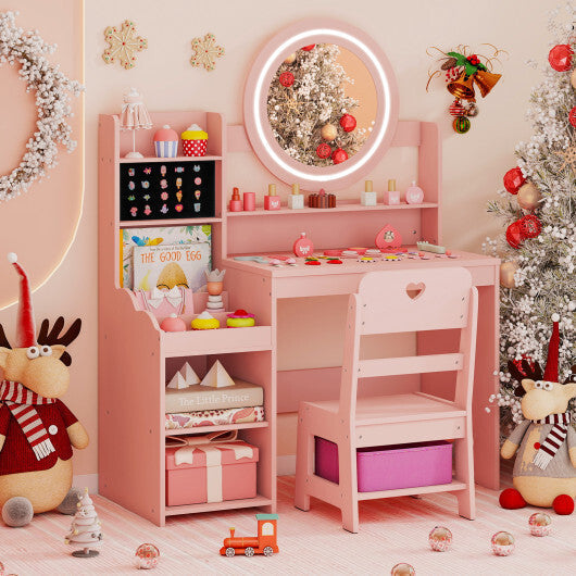 Kids Vanity Desk with Mirror and Lights Princess Pretend Play Dressing Table and Chair Set-White LuxuryLifeWay Online Store