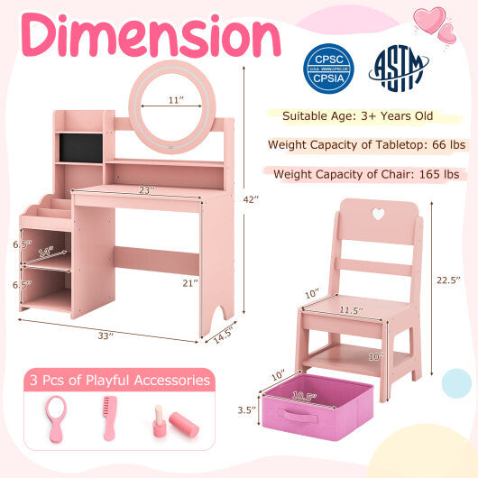 Kids Vanity Desk with Mirror and Lights Princess Pretend Play Dressing Table and Chair Set-White LuxuryLifeWay Online Store
