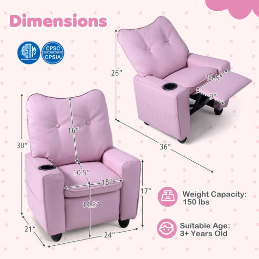 Kids Recliner with Cup Holder & Armrests and Adjustable Backrest for Playroom-Pink LuxuryLifeWay Online Store