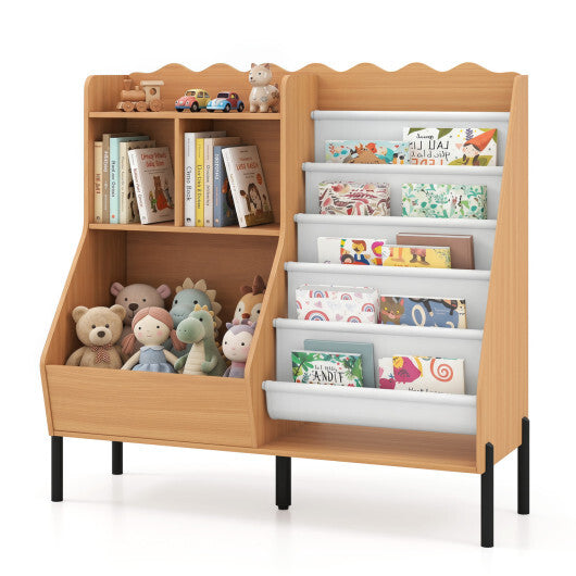 Kids Bookshelf and Toy Storage Organizer Wooden Bookcase with 5 Fabric Pockets-Natural LuxuryLifeWay Online Store