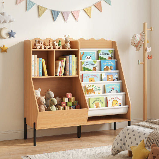 Kids Bookshelf and Toy Storage Organizer Wooden Bookcase with 5 Fabric Pockets-Natural LuxuryLifeWay Online Store
