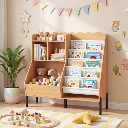 Kids Bookshelf and Toy Storage Organizer Wooden Bookcase with 5 Fabric Pockets-Natural LuxuryLifeWay Online Store