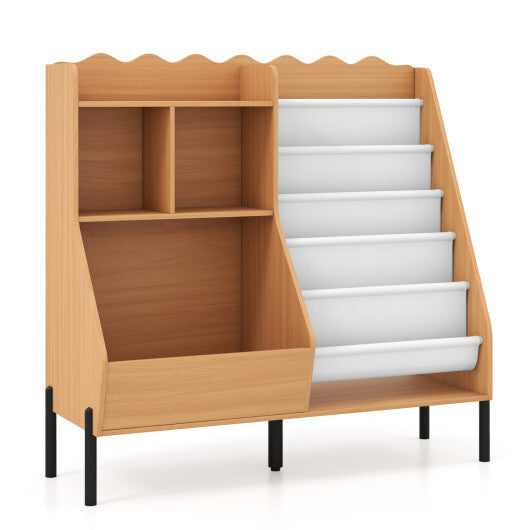 Kids Bookshelf and Toy Storage Organizer Wooden Bookcase with 5 Fabric Pockets-Natural LuxuryLifeWay Online Store