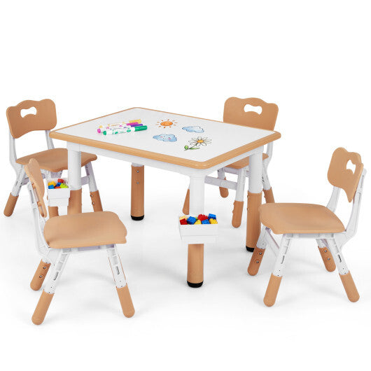 Height Adjustable  Kids Table and 4 Chairs Set with Graffiti Desktop and 2 Storage Baskets-Gray