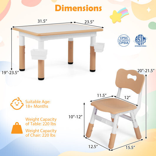 Height Adjustable  Kids Table and 4 Chairs Set with Graffiti Desktop and 2 Storage Baskets-Gray