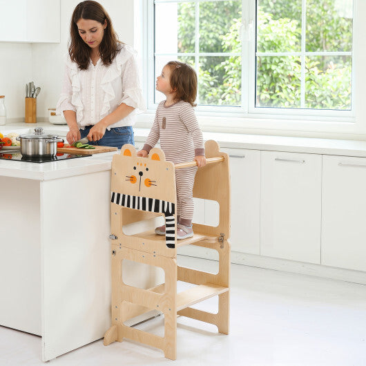 3-in-1 Wooden Kids Toddler Kitchen Step Stool with Blackboard-Black&White LuxuryLifeWay Online Store